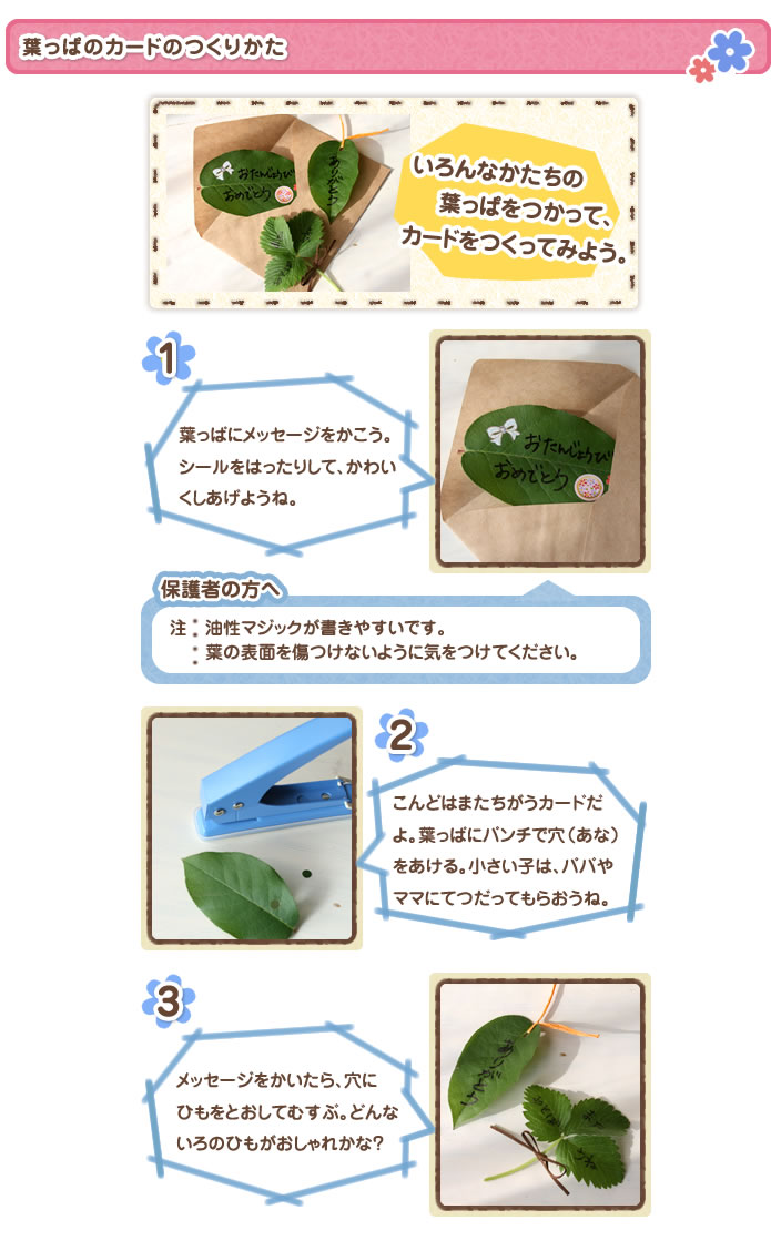 葉っぱのカードのつくりかた
いろんなかたちの葉っぱをつかって、カードをつくってみよう。
1葉っぱにメッセージをかこう。シールをはったりして、かわいくしあげようね。
2こんどはまたちがうカードだよ。葉っぱにパンチで穴（あな）をあける。小さい子は、パパやママにてつだってもらおうね。
3メッセージをかいたら、穴にひもをとおしてむすぶ。どんないろのひもがおしゃれかな？
