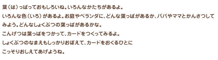葉（は）っぱっておもしろいね。いろんなかたちがあるよ。いろんな色（いろ）があるよ。お庭やベランダに、どんな葉っぱがあるか、パパやママとかんさつしてみよう。どんなしょくぶつの葉っぱがあるかな。こんげつは葉っぱをつかって、カードをつくってみるよ。しょくぶつのなまえもしっかりおぼえて、カードをおくるひとにこっそりおしえてあげようね。