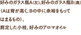 好みのガラス瓶A(左)、好みのガラス瓶B(奥)(Aは背が高く、Bの中に余裕をもってはまるもの)、剪定した小枝、好みのアロマオイル