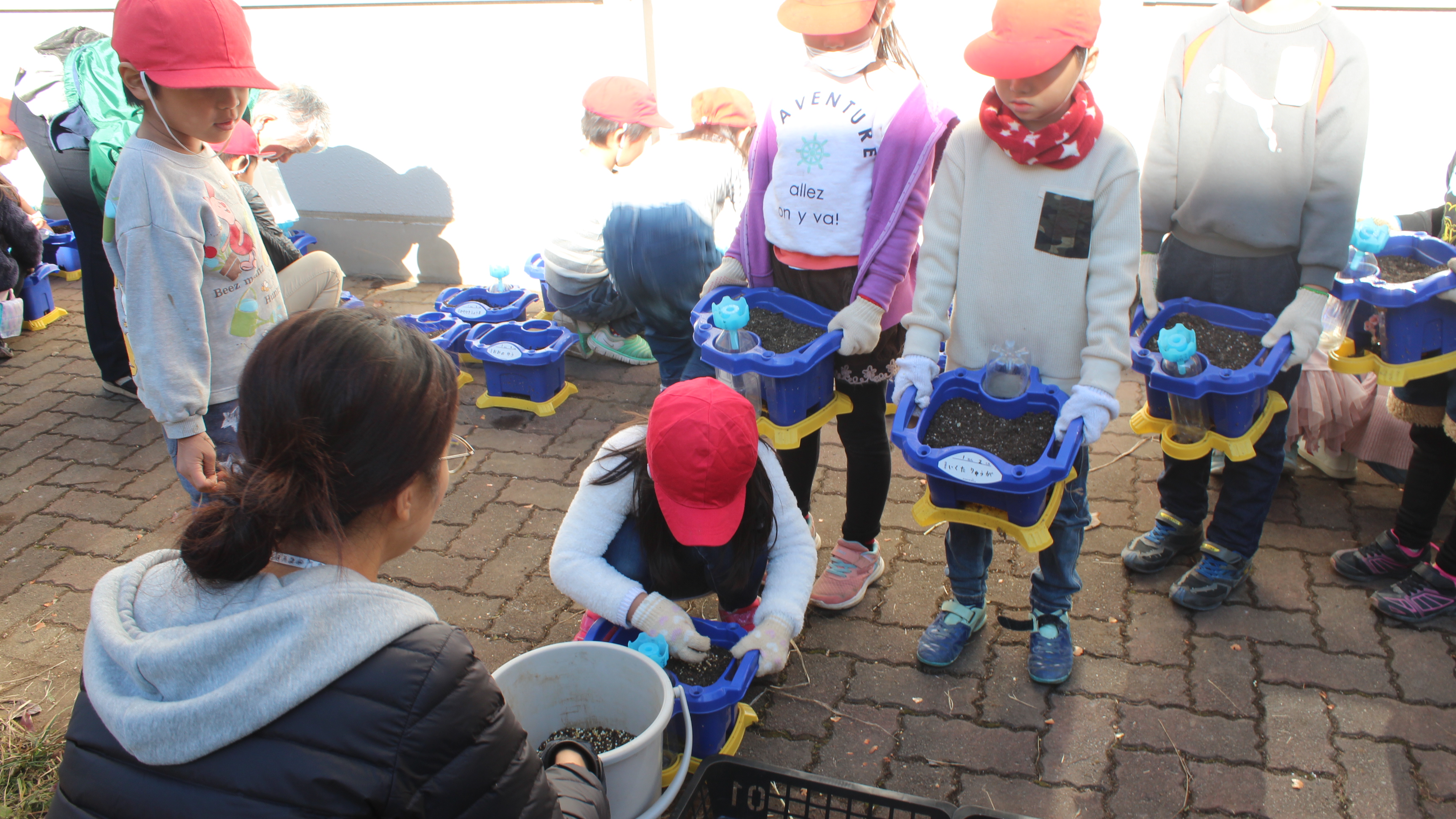 みんな順番に並んで肥料と球根を受け取ります