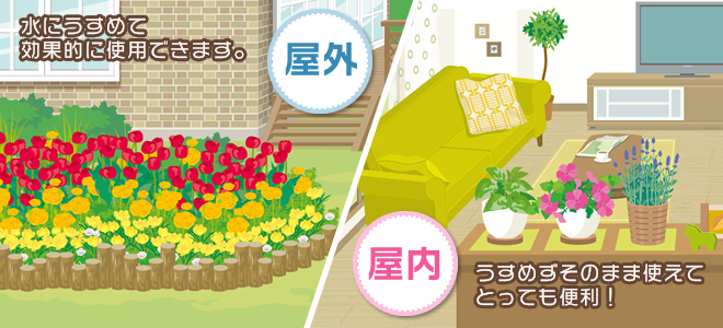 屋外 水にうすめて効果的に使用できます。／屋内 うすめずそのまま使えてとっても便利！